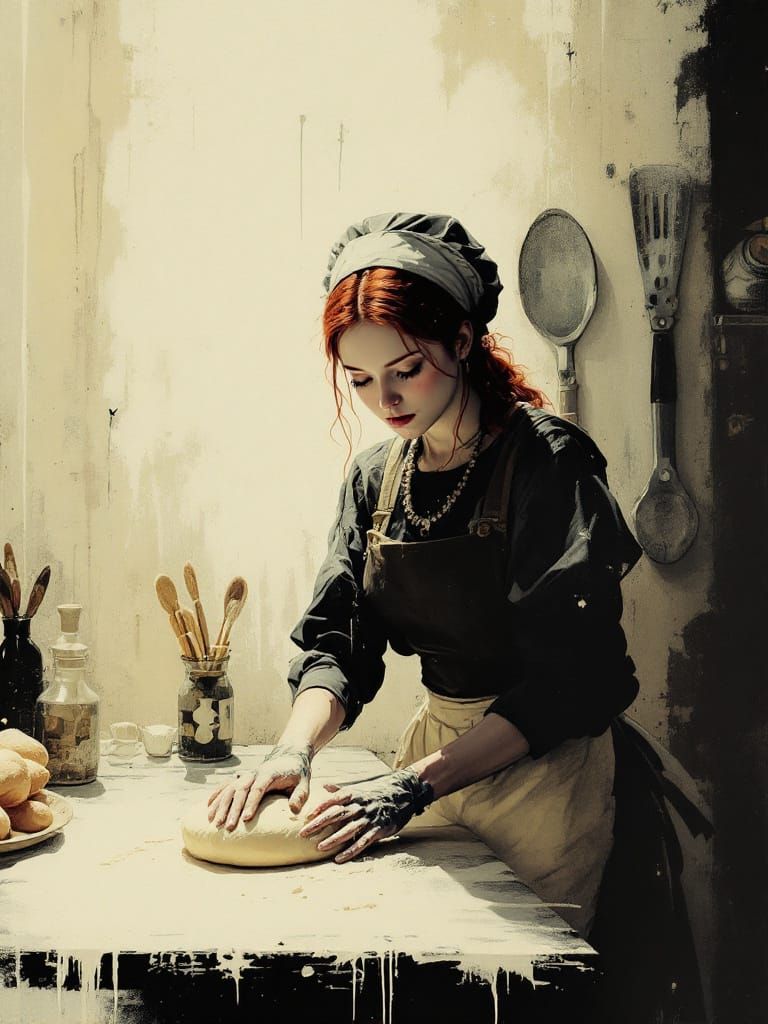 Redhead Baker Kneading Dough in Luminous Kitchen