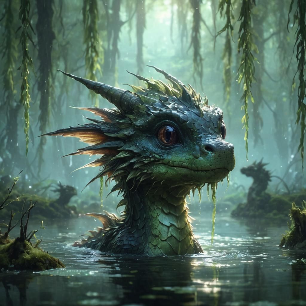 Adorable Dragon Swimming in Gloomy Swamp: Anime Art
