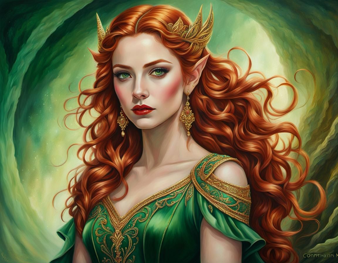 Portrait of Woman with Elf Ears in Green Gown