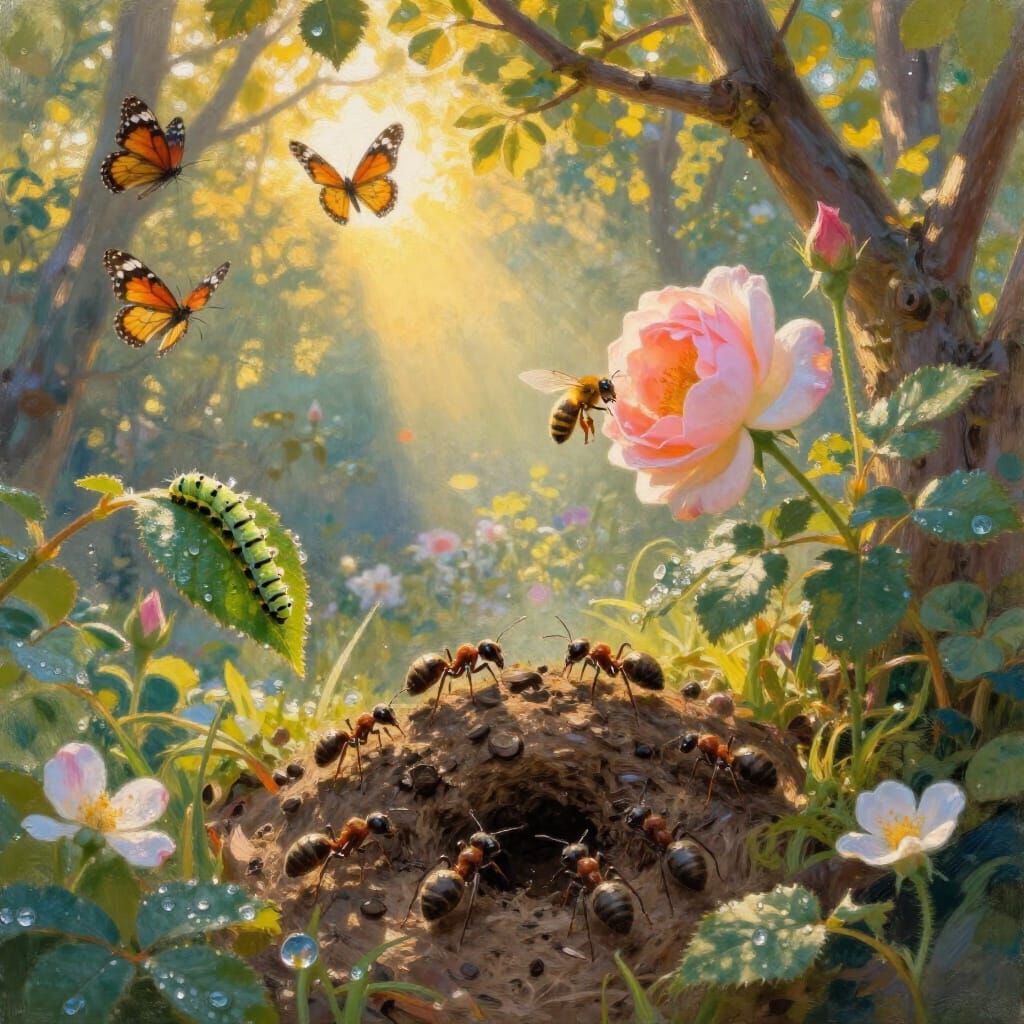 Ants and Butterflies in Golden Dawn Forest Scene