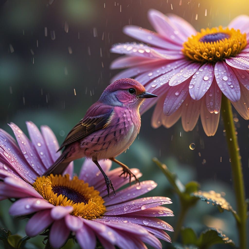 Songbird Shelters Under Purple Daisy in Golden Rain