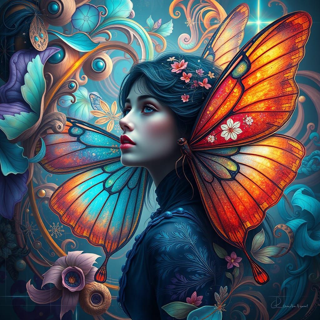 Ethereal Woman-Butterfly Hybrid in Dreamlike Landscape