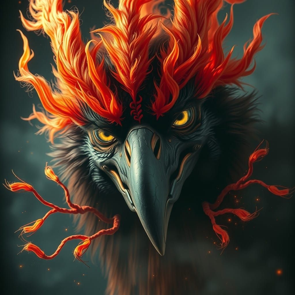 Glowing Tengu Face Amidst Fiery Halo