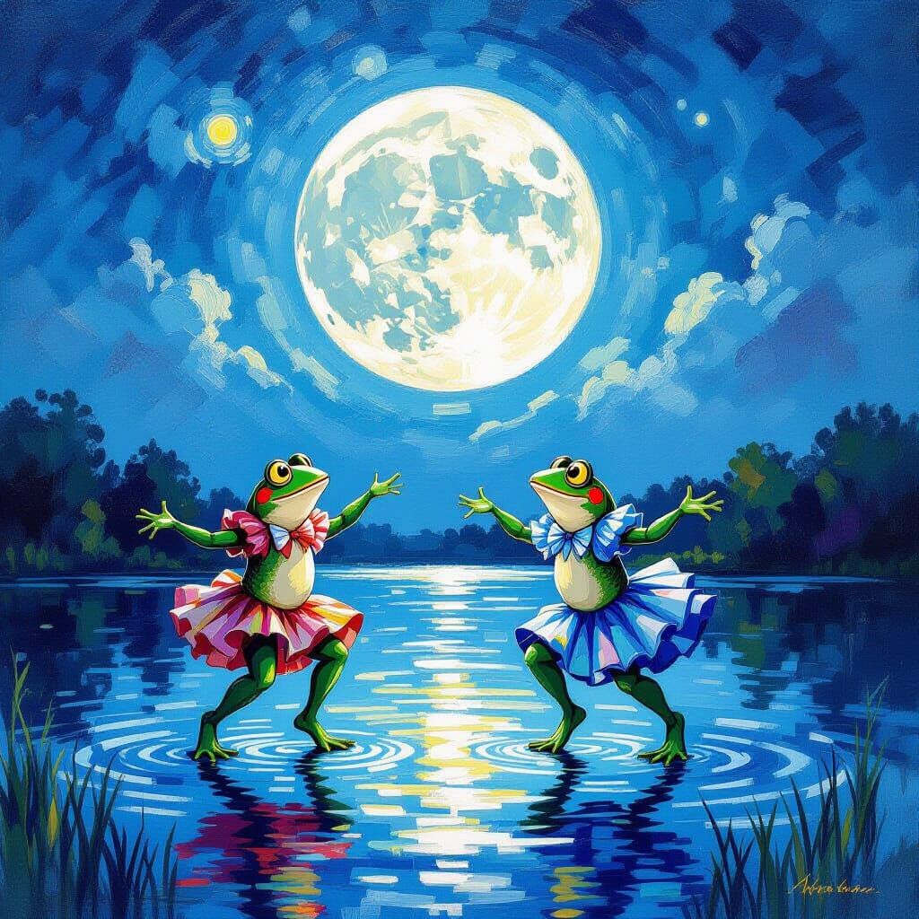 Frogs Dance Under Luminous Moon in Impressionistic Oil Paint...