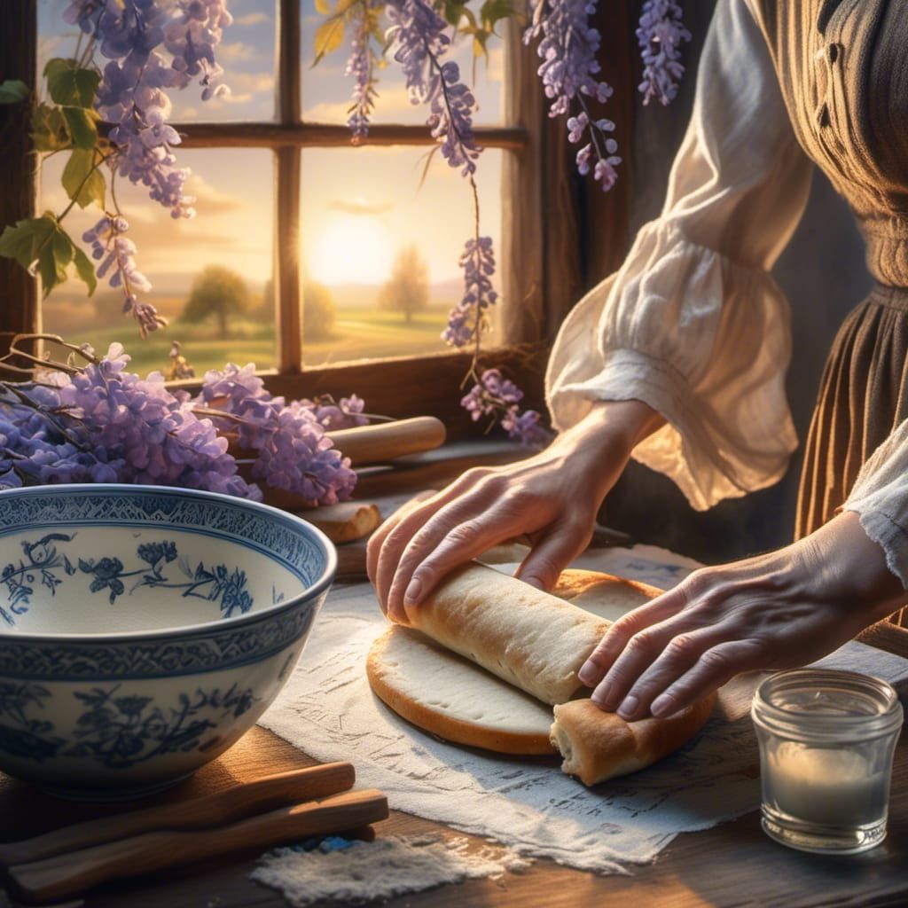 Renaissance Woman Baking Bread in Soft Light