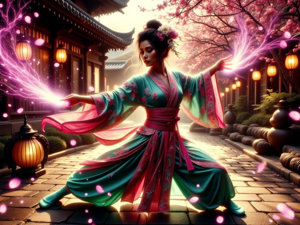 Martial Artist in Vibrant Jade and Crimson Robes Paints in M...