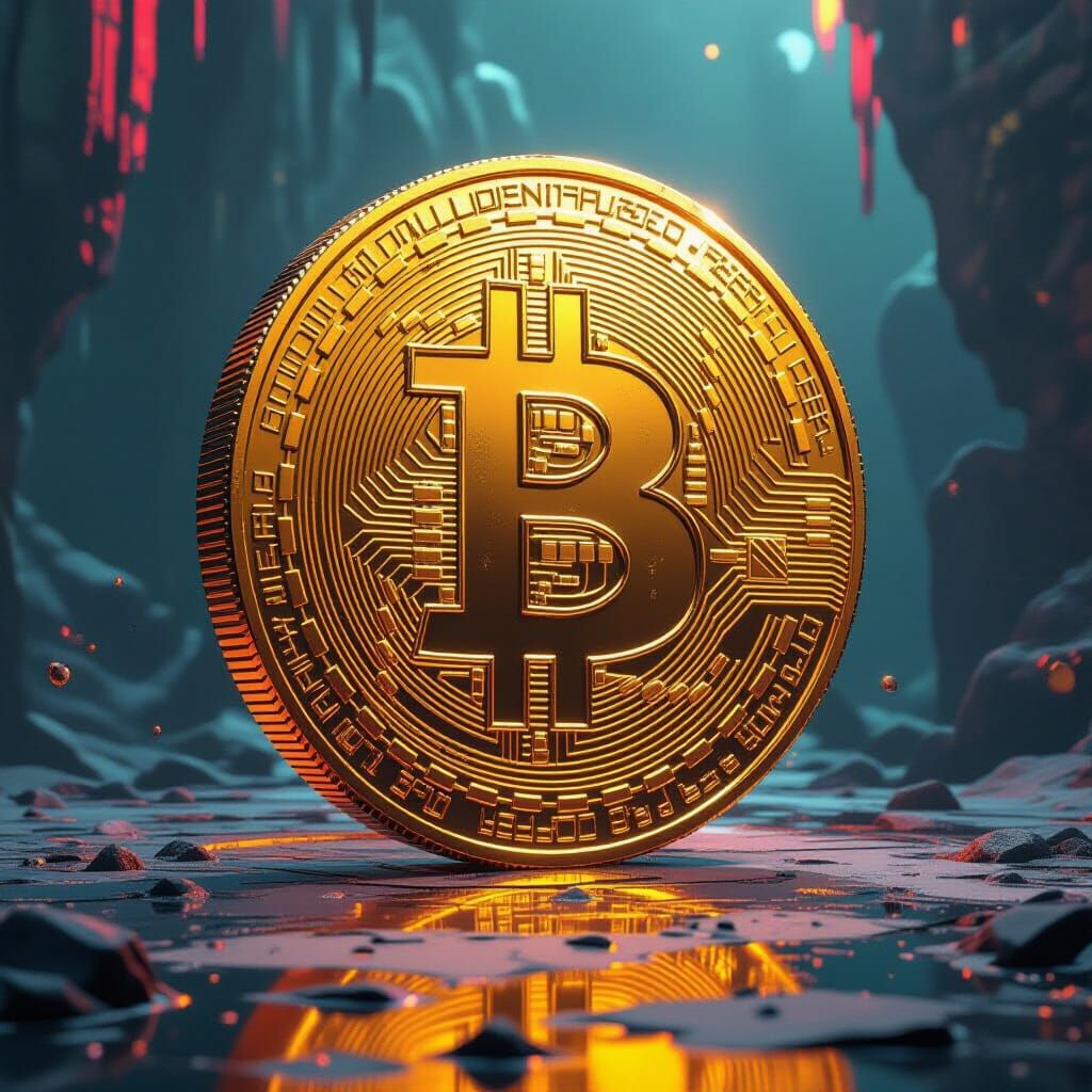 Giant Gold Coin Spinning in a Hypersurreal Scene