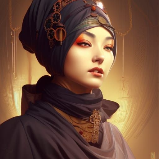 Oriental Assassin Portrait in Steampunk Art Nouveau Style