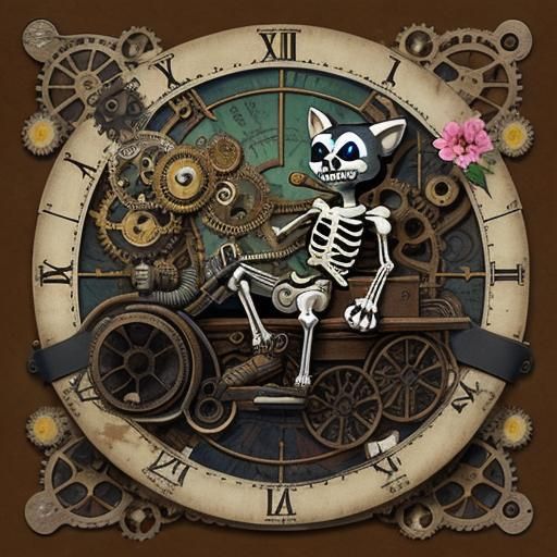 Skeleton Felix the Cat with Steampunk Flowers