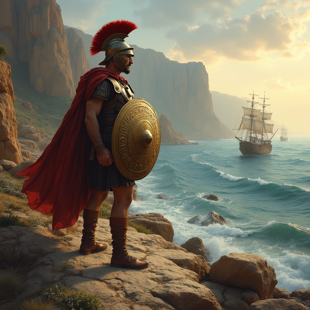 Greek Hoplite Defiant on Marathon Shores in Dramatic Chiaros...