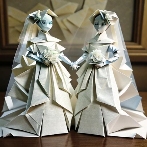 Siamese Twins Wearing Wedding Gown in Origami Style