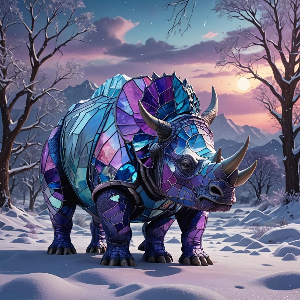 Stained Glass Triceratops-Rhinoceros Hybrid in Winter Wonder...