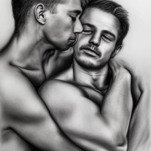 Detailed Charcoal Drawing: Two Men Embracing
