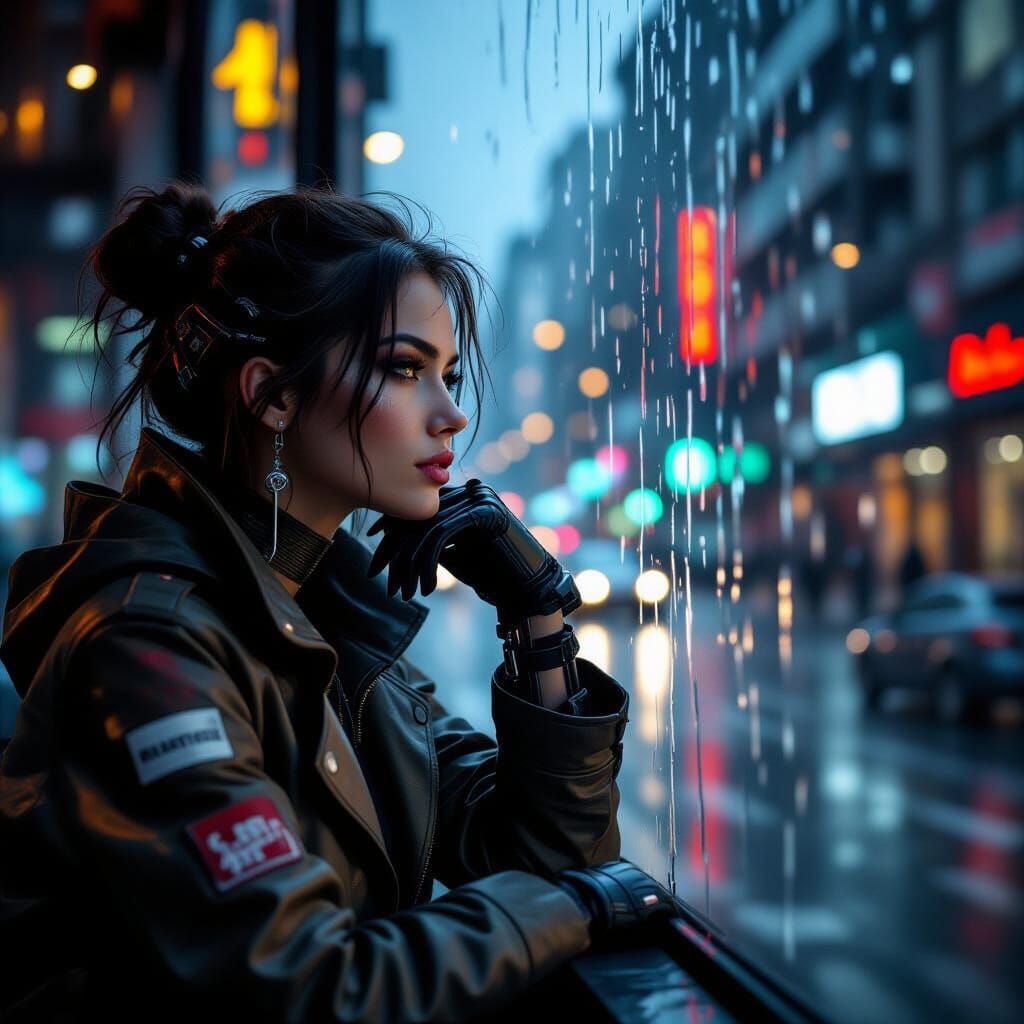Cybernetic Woman Gazes from Rainy City Window