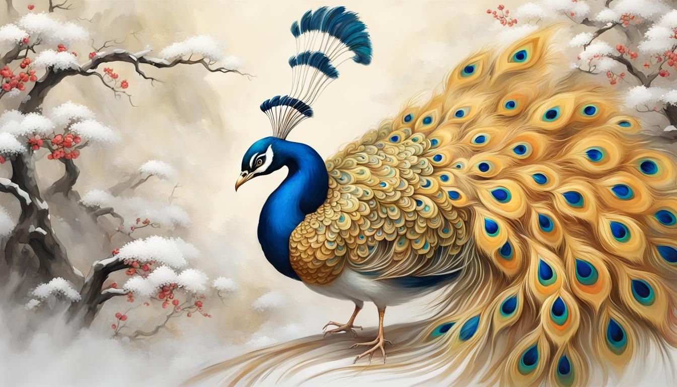 Snow White and Gold Peacock in Chinese Oil Painting