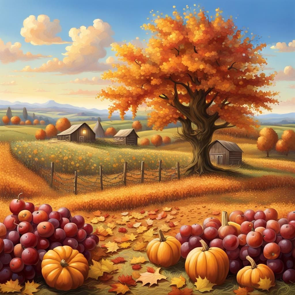 an idyllic autumn harvest scene set in a rustic location. It included pumpkins scattered across a lush field, apple tree...
