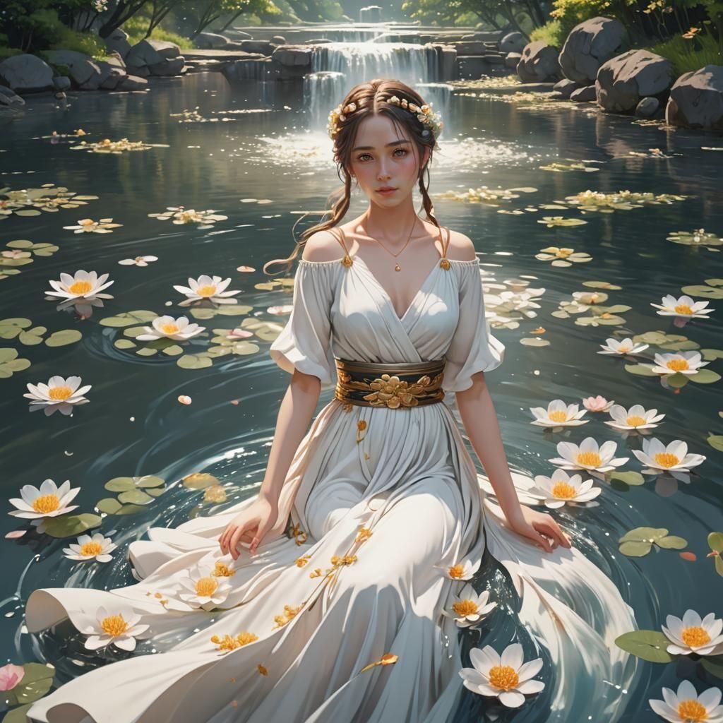 Floating Woman in River with Flowers: Hyperrealistic 3D Anim...