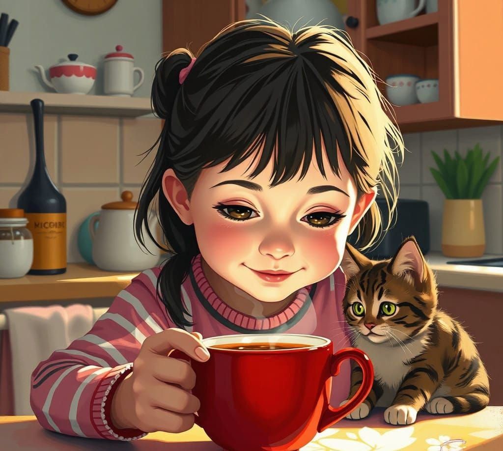 8-Year-Old Girl Smiling in Organized Kitchen with Curious Ca...