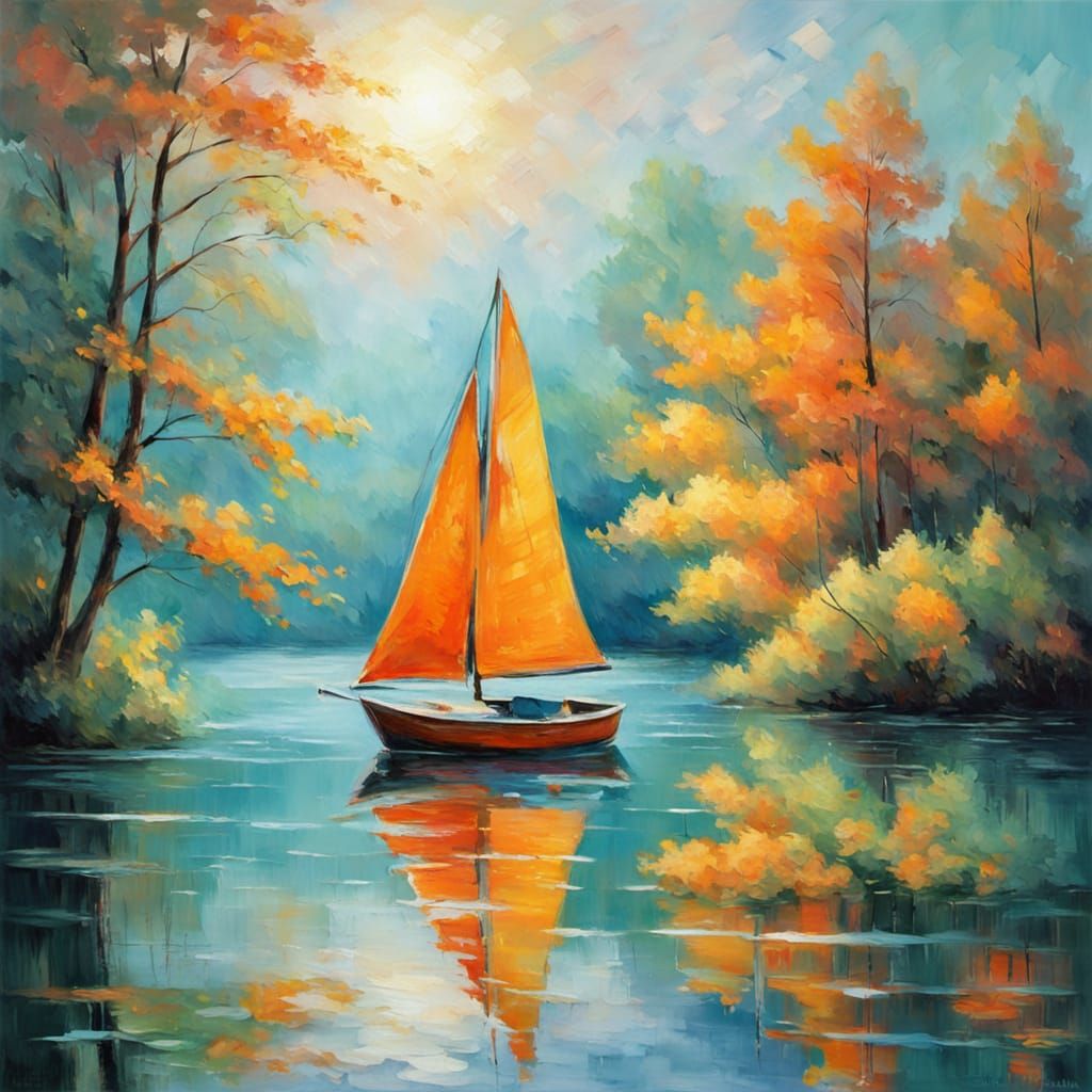 Impressionist Boat Sails Across Serene Lake