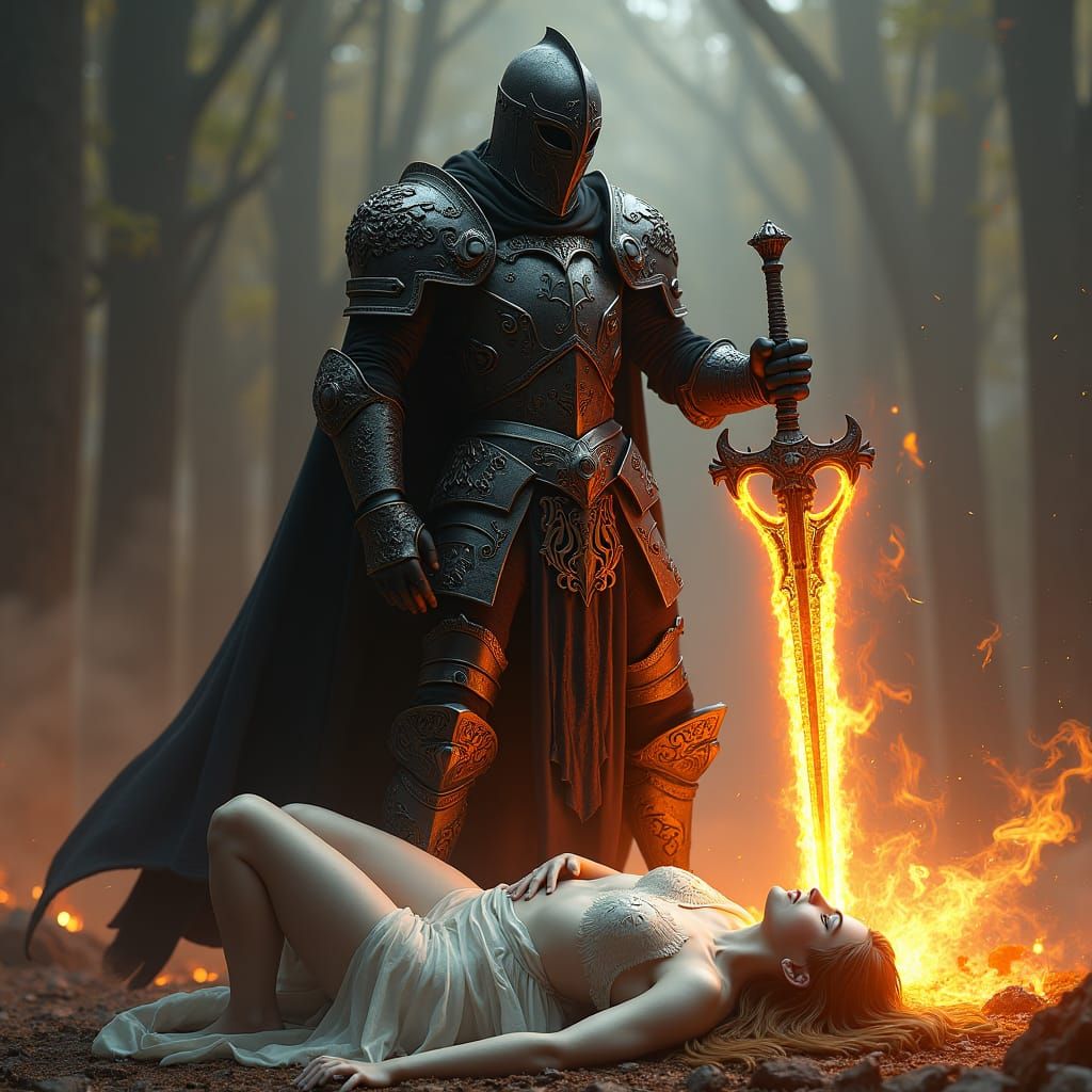 Victorious Dark Knight With Fiery Sword