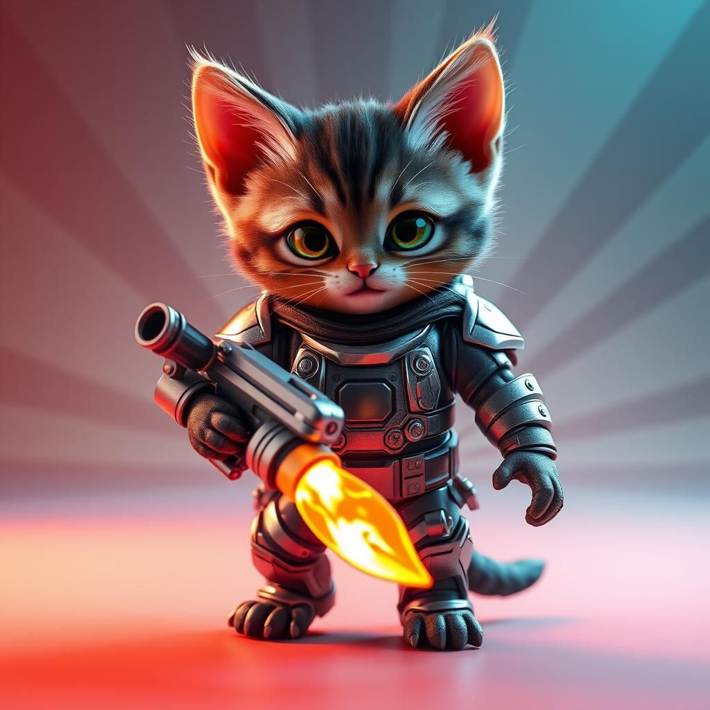 Armored Kitten with Flamethrower: Pixar-Style 3D Art