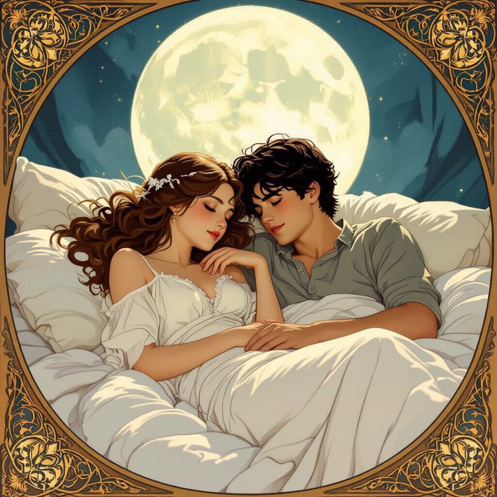 Romantic Couple in Bed, Alphonse Mucha Style