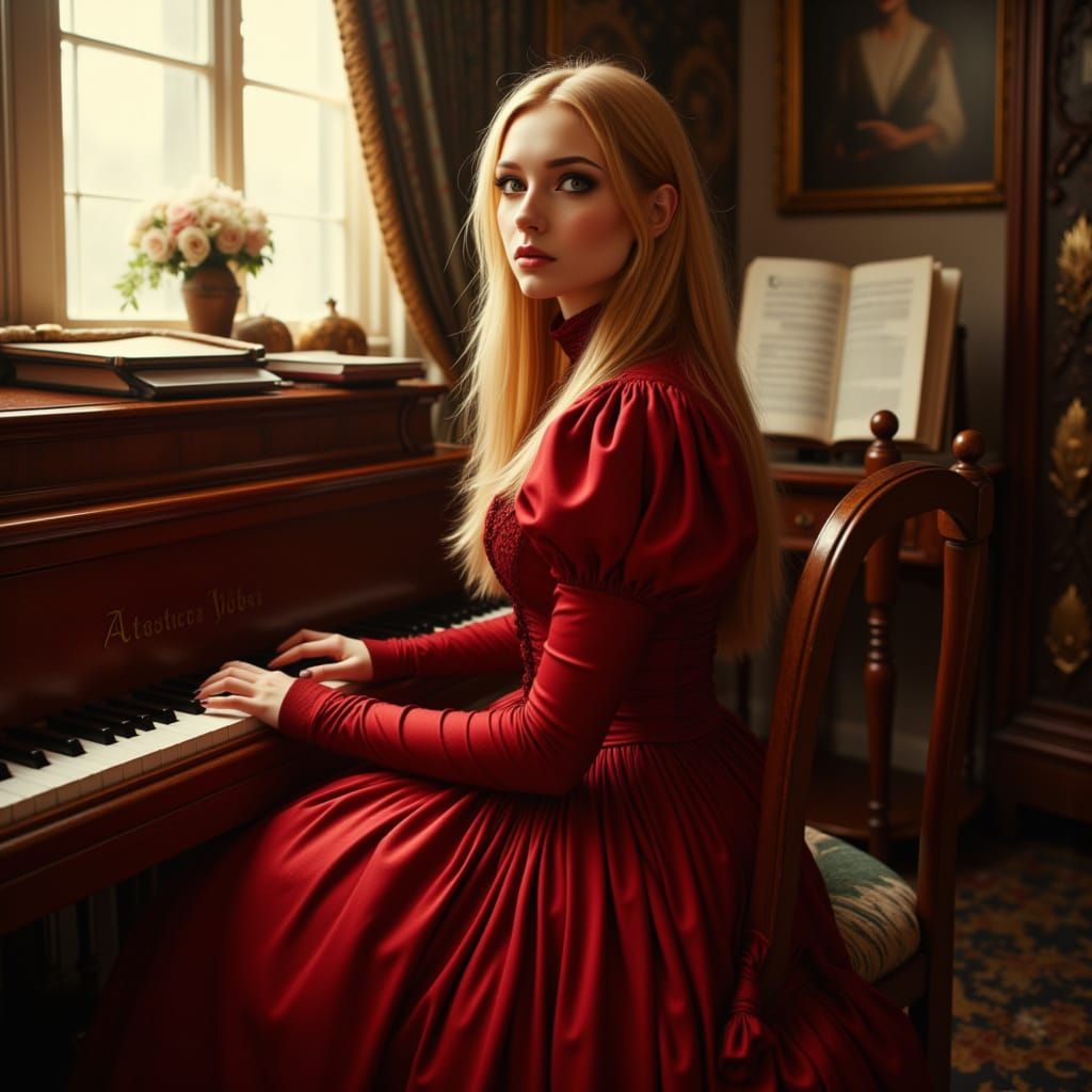 Elegant Lady in Victorian Dress at Grand Piano
