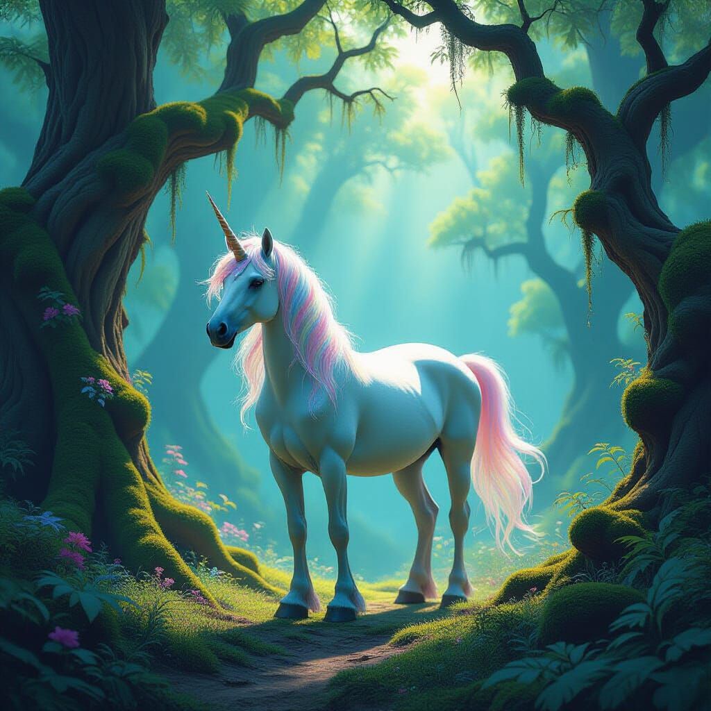 Majestic Unicorn in Enchanted Bioluminescent Forest
