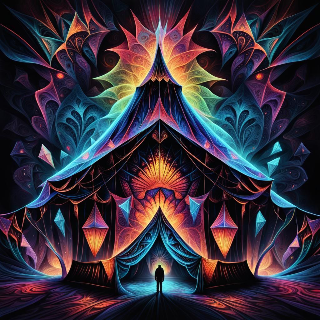 Surreal Crystal Entity Emerges from Dark Circus Tent