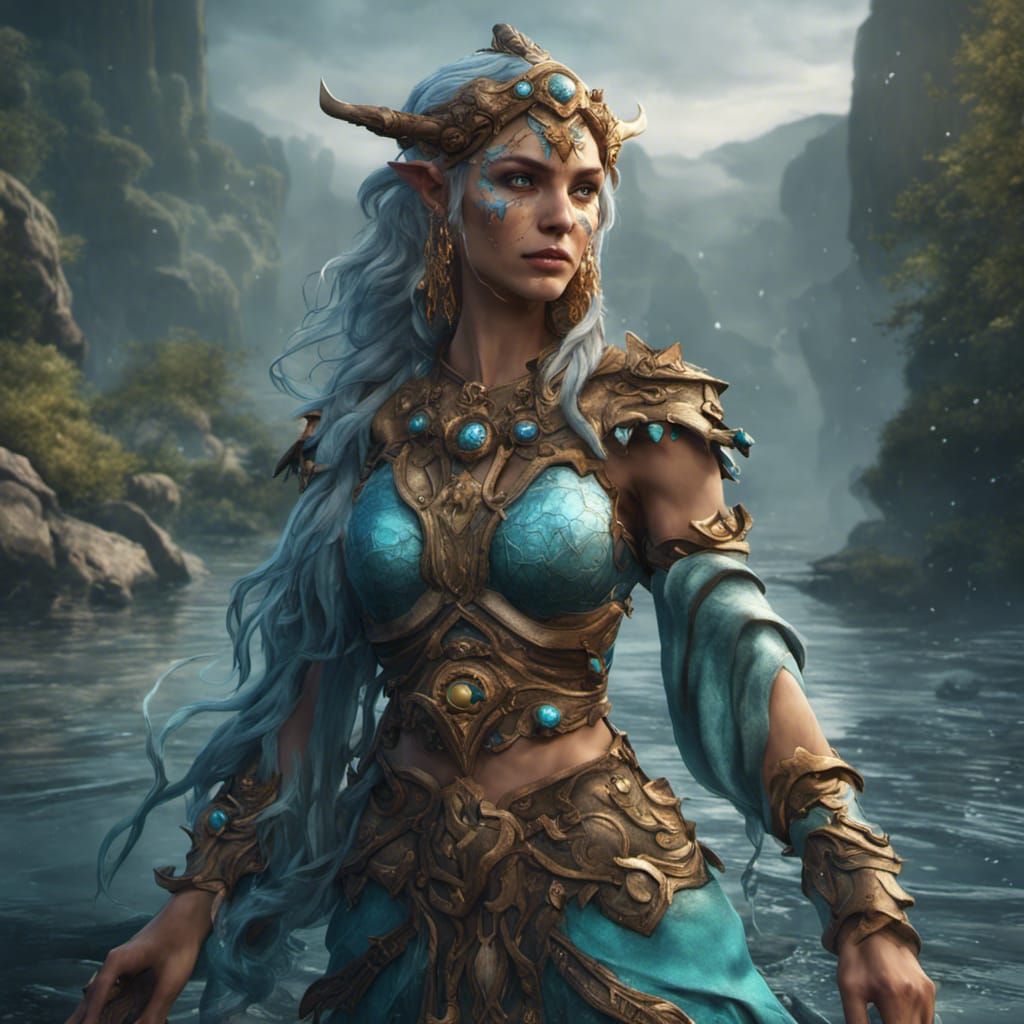Fantasy Female Water Genasi Druid: Detailed Matte Painting
