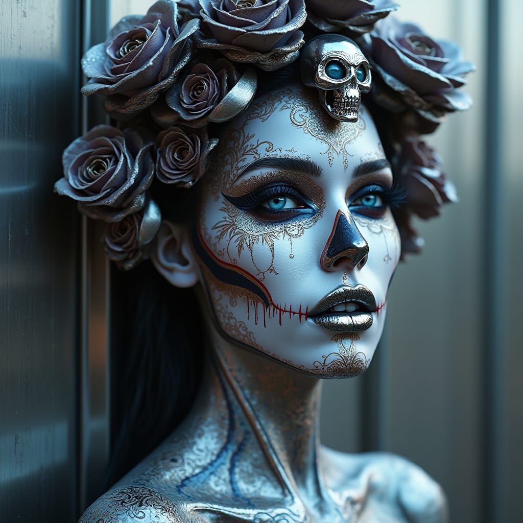 Surreal Chrome Woman with Floral Filigree in Neon Light