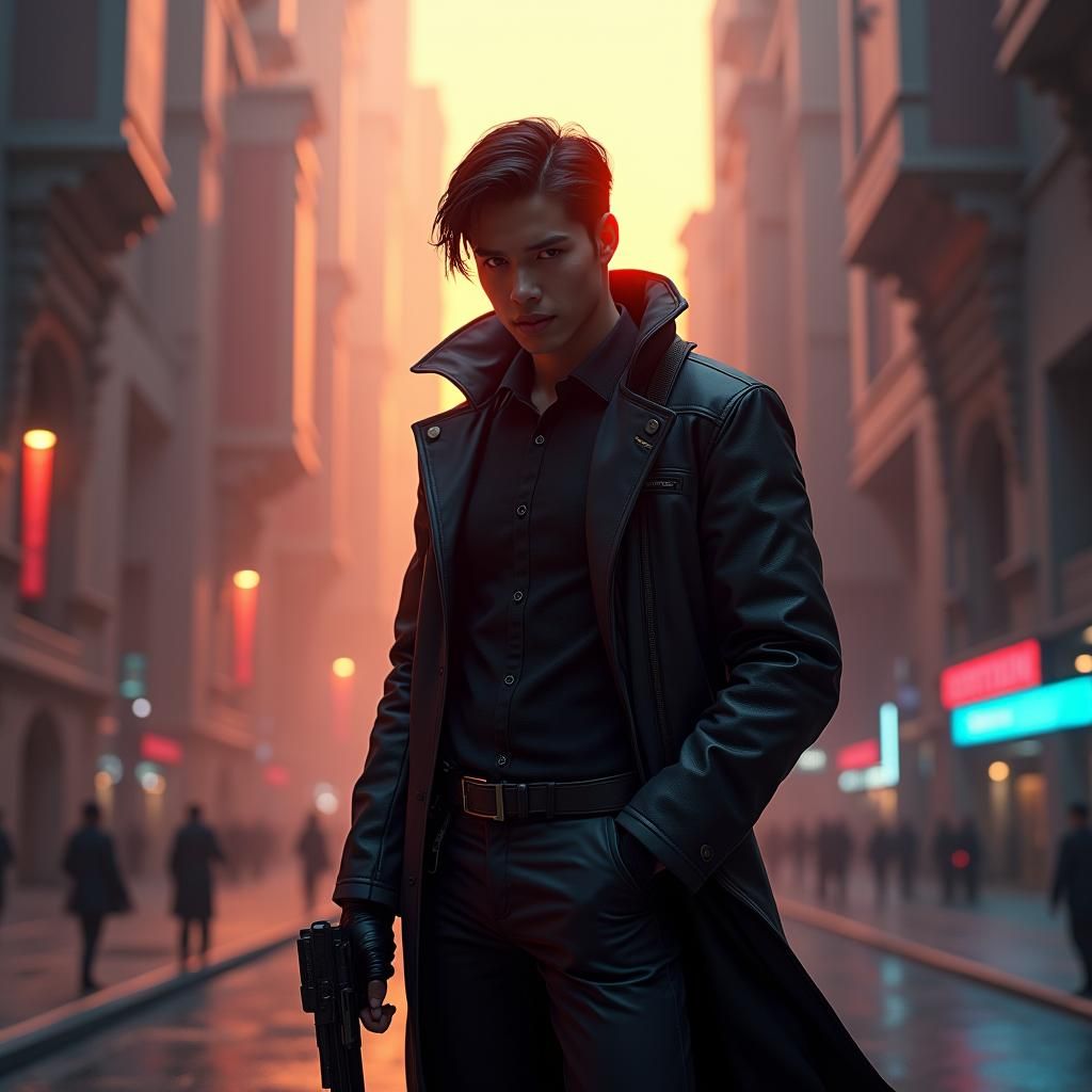 Futuristic Spy in Cyberpunk Cityscape at Sunset