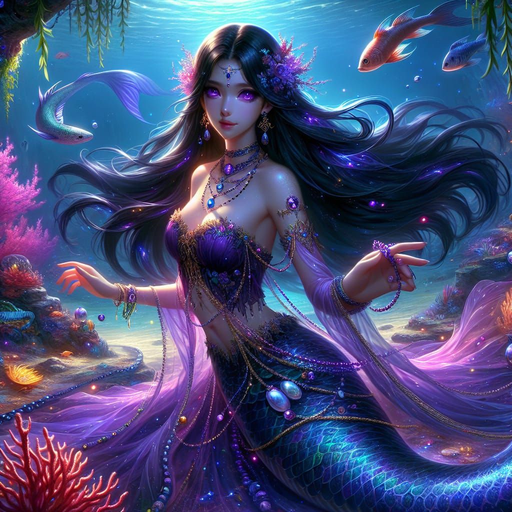 Ashera - She Who Walks The Sea - Asian Mermaid In Purple Spl...
