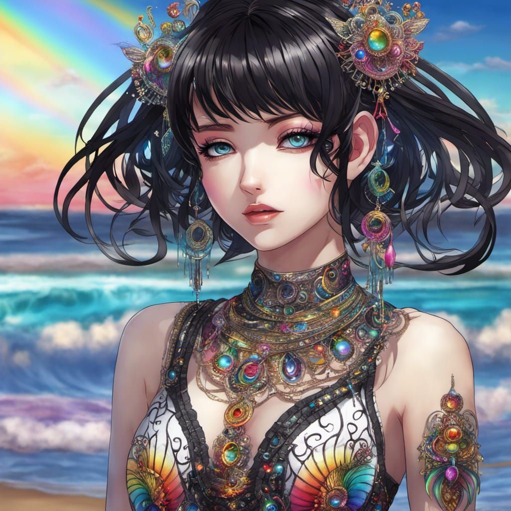 Anime Goth Girl with Rainbow Eyes on Beach
