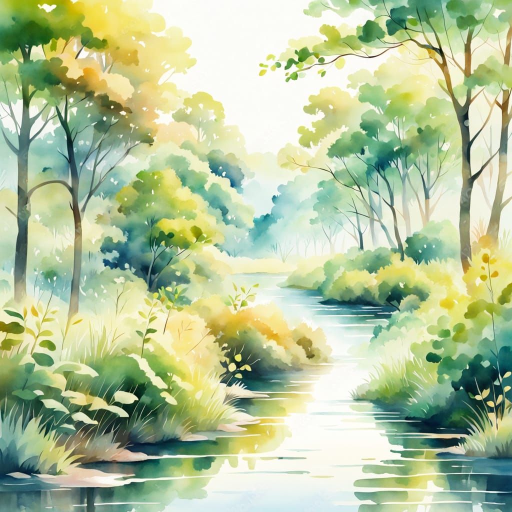 Gentle Watercolor River Landscape in Sunlight
