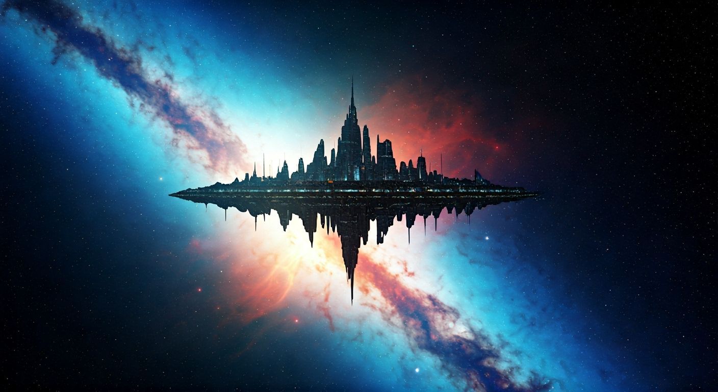 Colossal Space City Approaches Carina Nebula in Digital Matt...