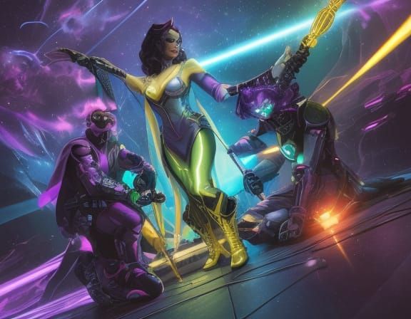 Retro-Futuristic Cosplay Group Portrait in 80s Sci-Fi Style