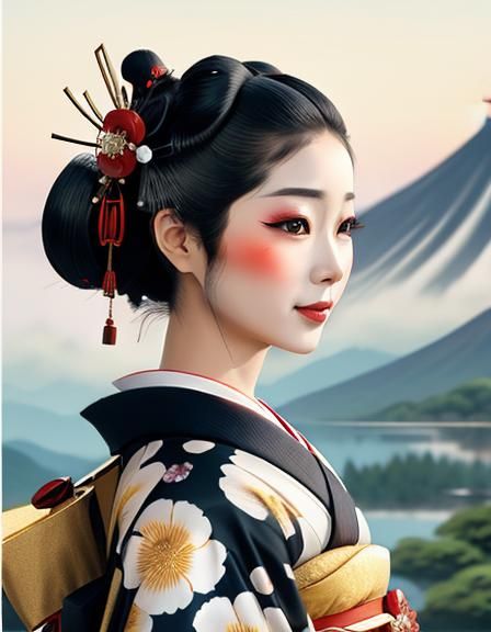 Cheerful Geisha in Kimono, Japanese Ink Painting