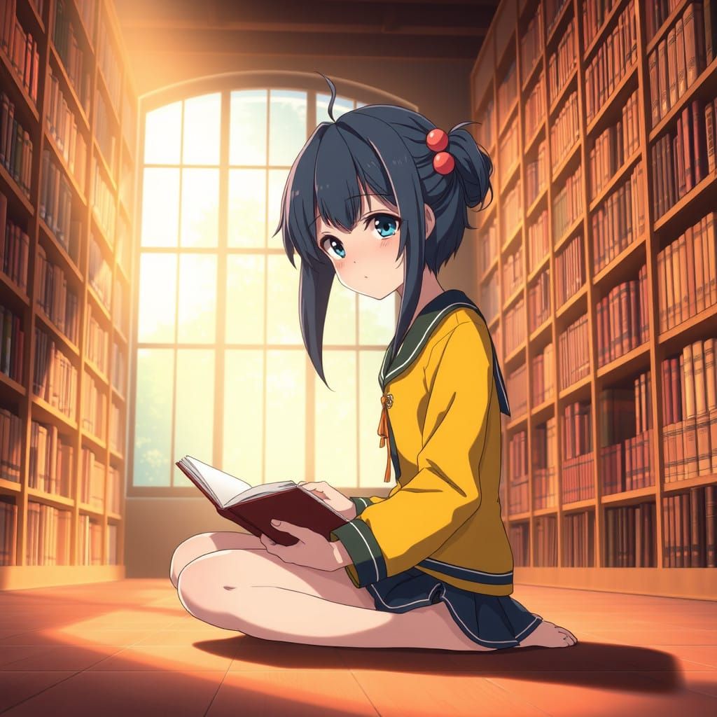 Anime Girl Reads in Tranquil Library Setting