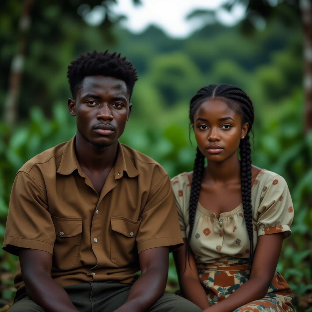 Realistic Portrait of Two Youths in a Mysterious Forest Clea...