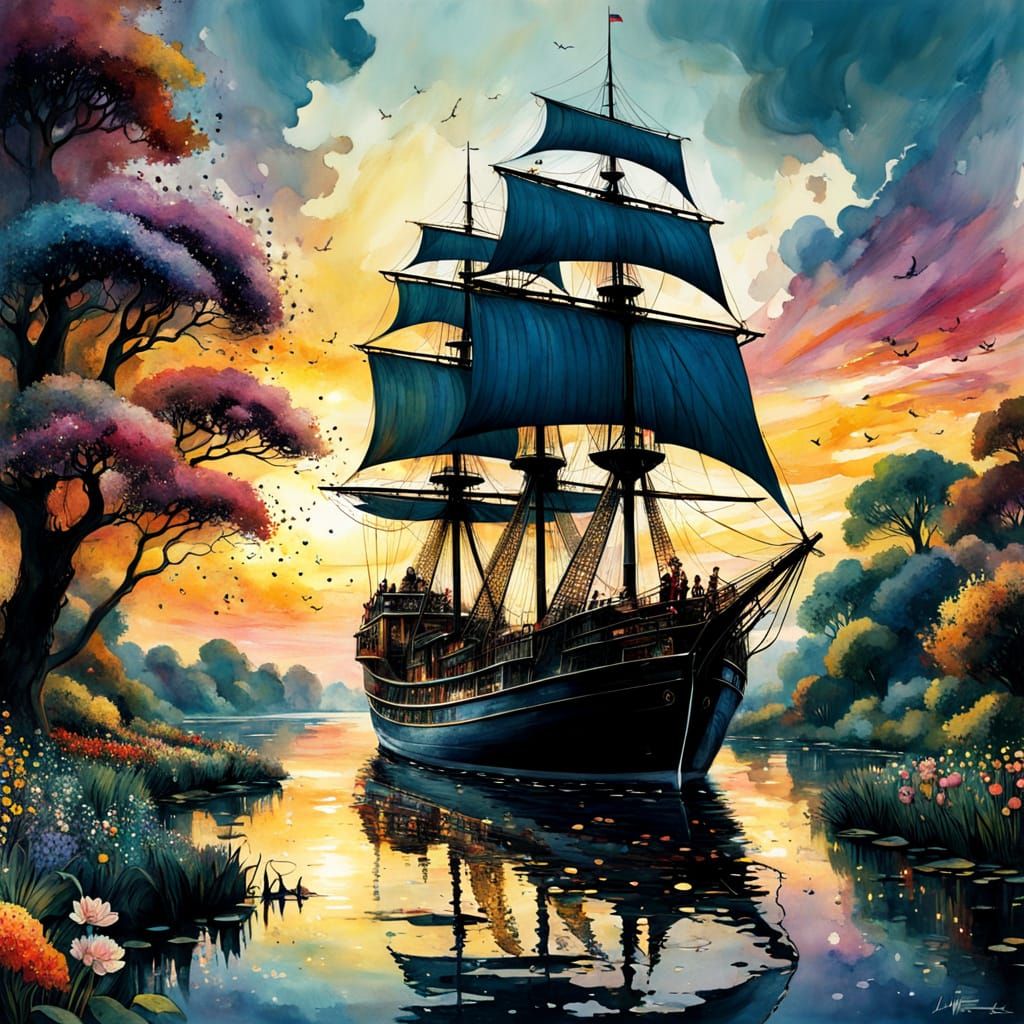 Stunning Sunset Sailing Ship in Watercolor Style