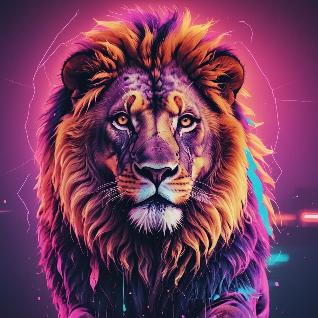 Double Exposure Lion in Synthwave Neon Retro Style