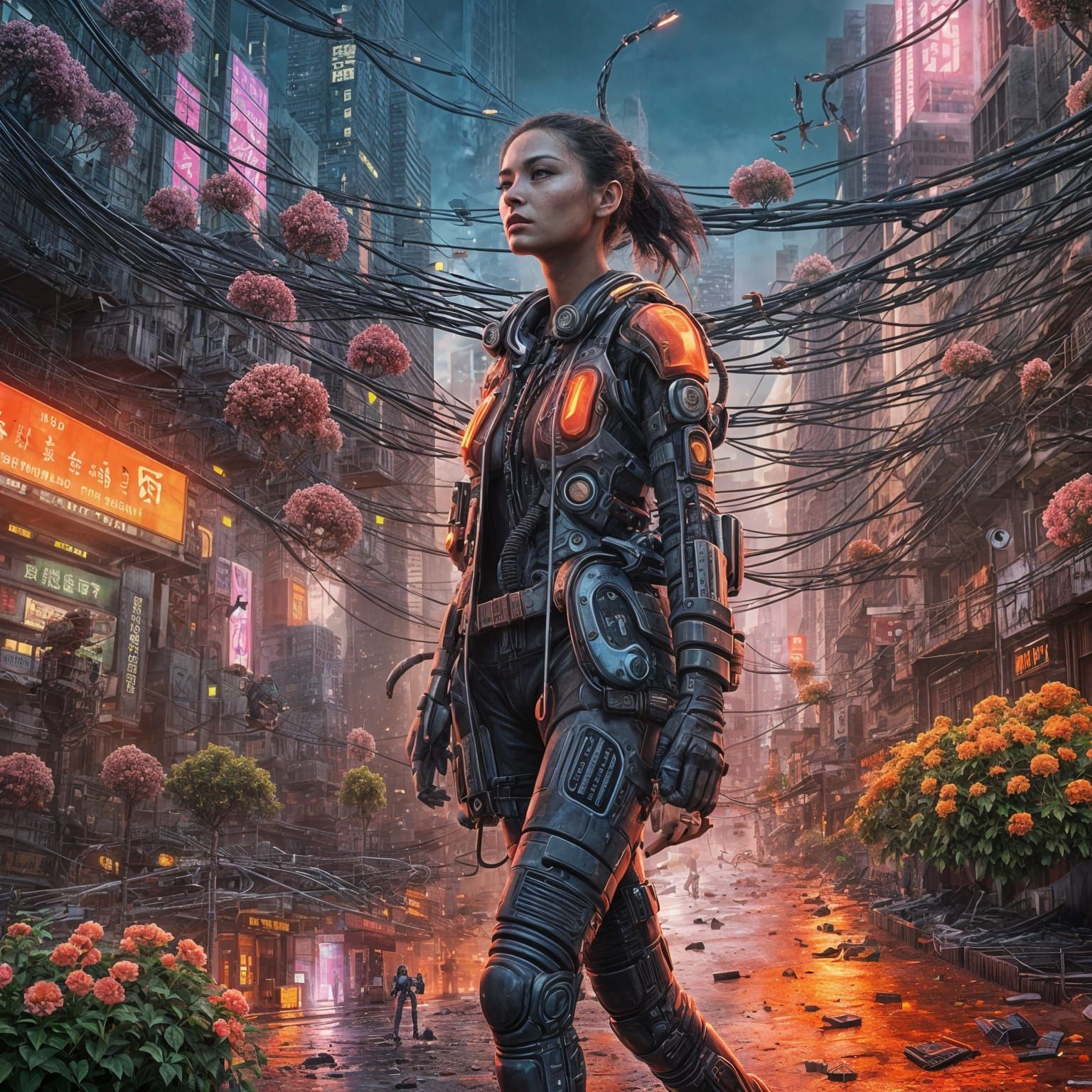 Cyborg Woman Walks in Futuristic Kowloon