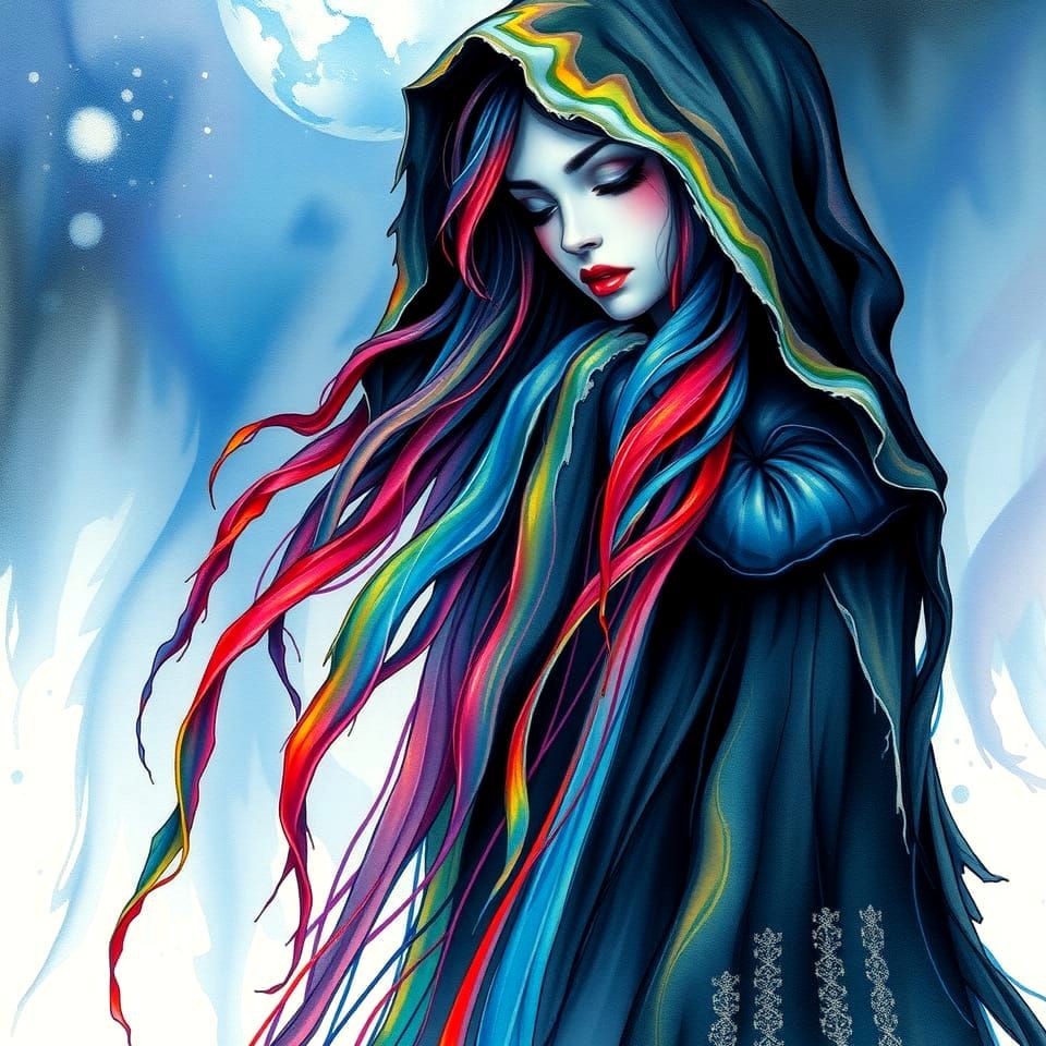 Woman in Dark Rainbows: Surreal Watercolor Art