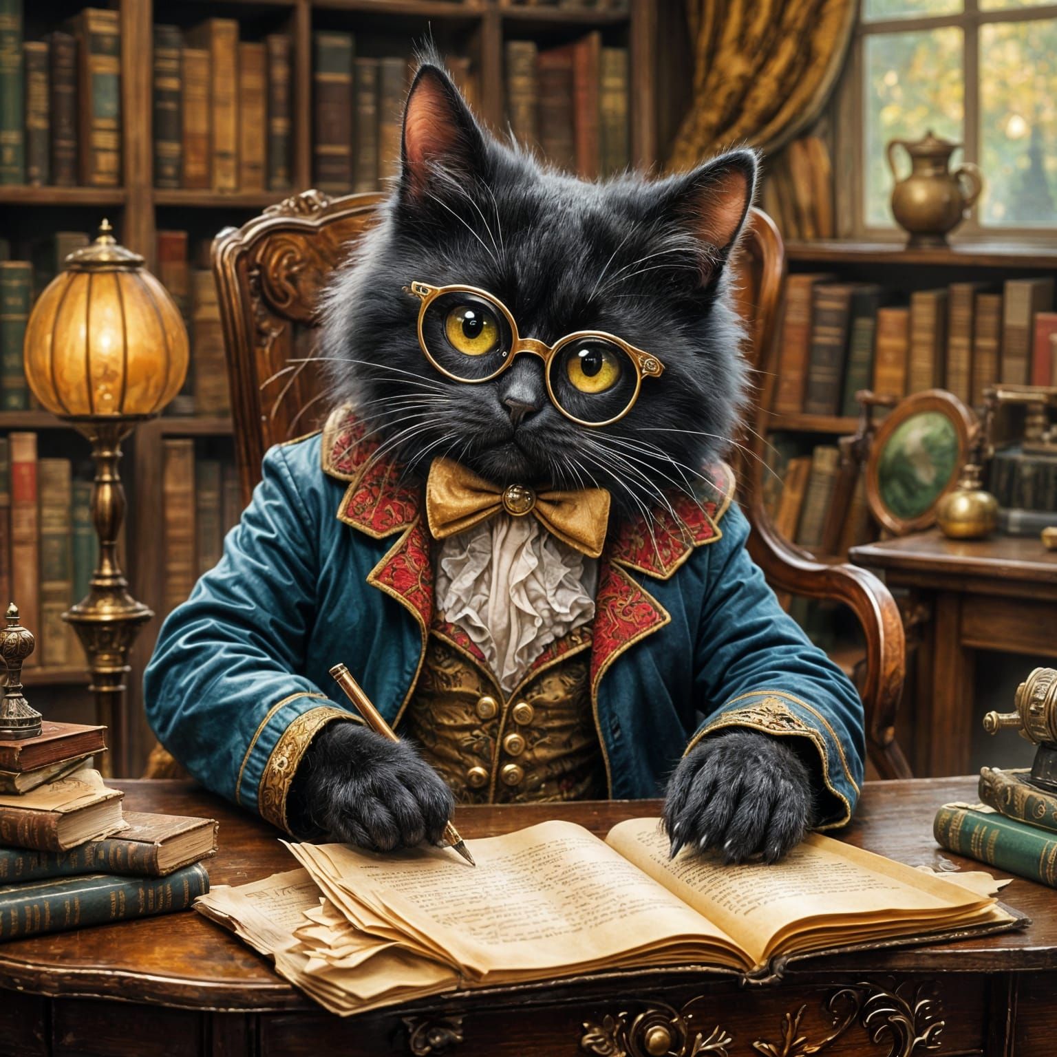 Anthropomorphic Cat Author Writing in Cozy Study