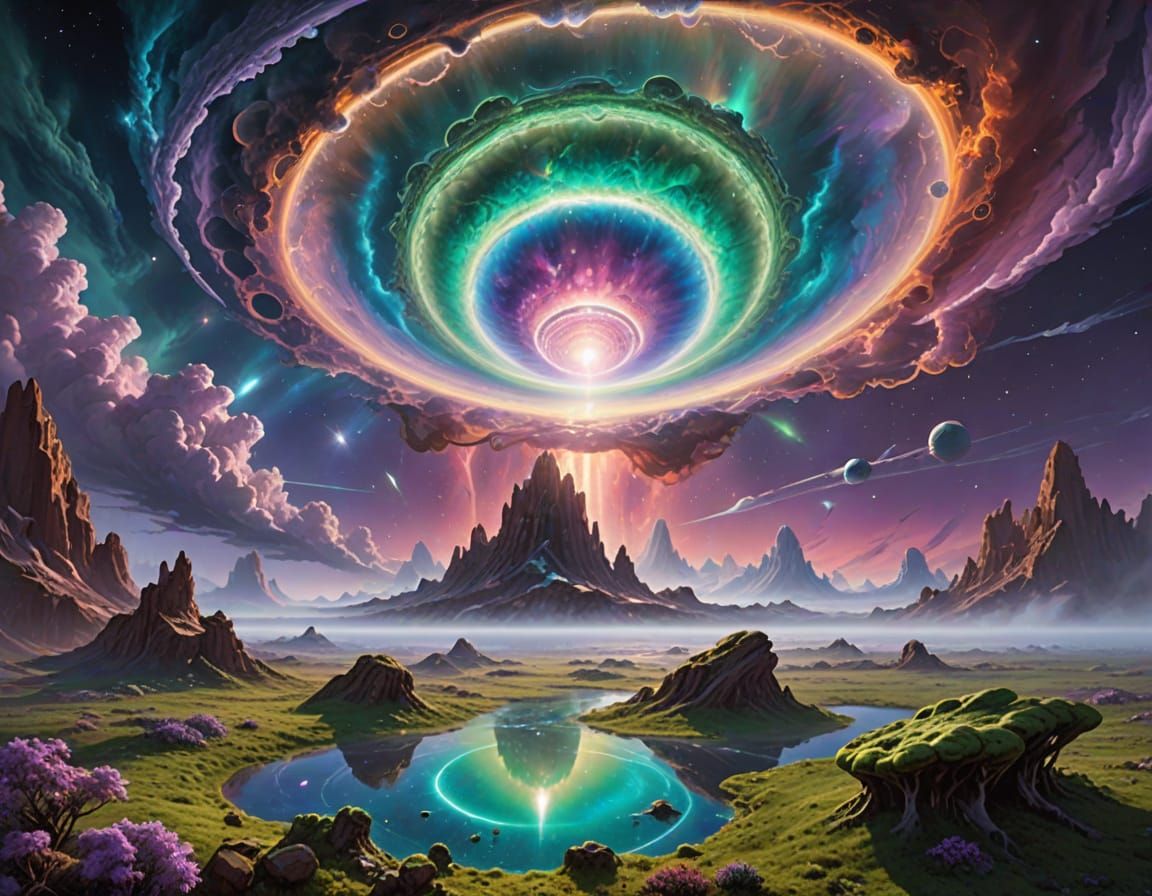 Surreal Celestial Landscape with Iridescent Clouds and Glowi...