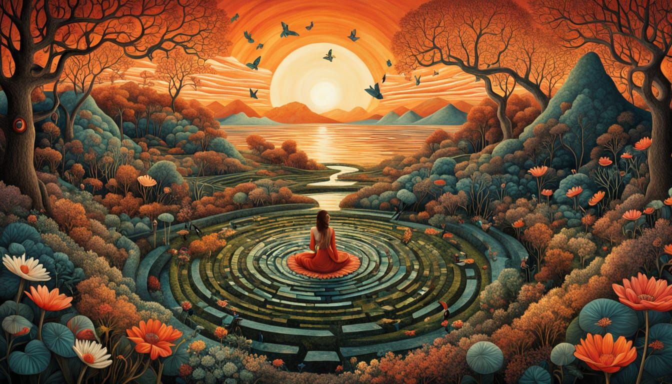 mystical shaman, amidst a labyrinth of MUSIC, by a stunning sunset, picks up the pieces of cracked mirrors. glowing crea...