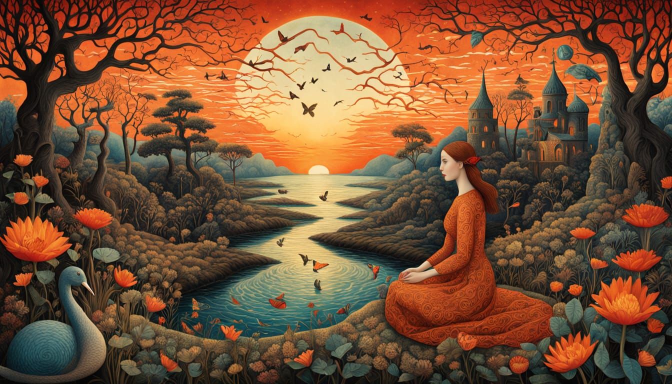 mystical shaman, amidst a labyrinth of MUSIC, by a stunning sunset, picks up the pieces of cracked mirrors. glowing crea...