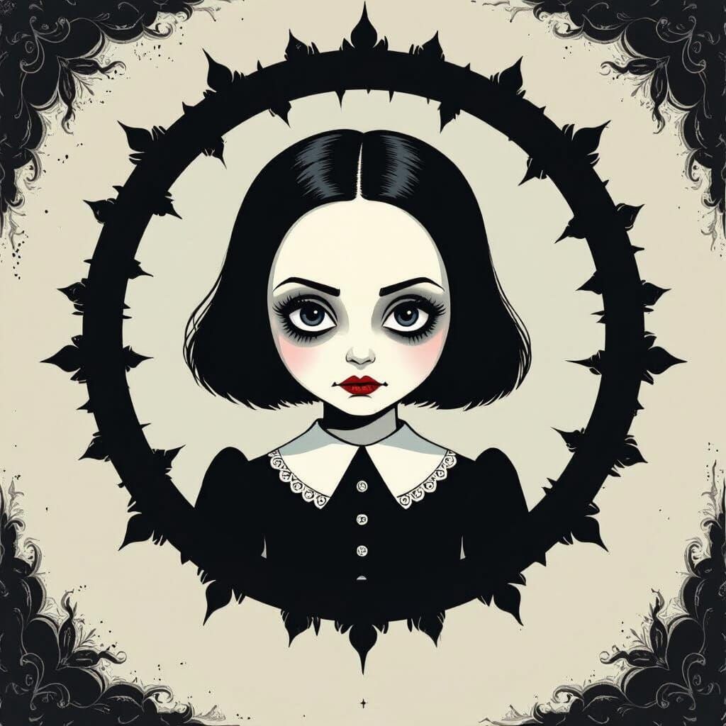 Gothic Wednesday Addams with Black Circles in Burton Style