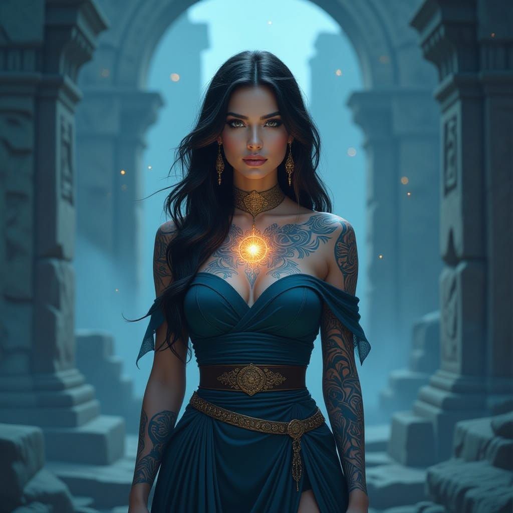 Woman with Celestial Tattoos in Ethereal Ruins